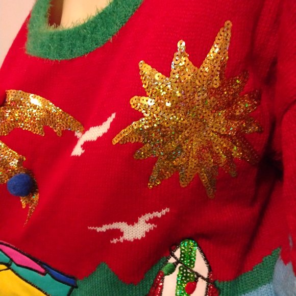 ❤️Santa on VACA Hooked Up Embroidery Leather Sequins UGLY CHRISTMAS SWEATER SZ L - Picture 5 of 12